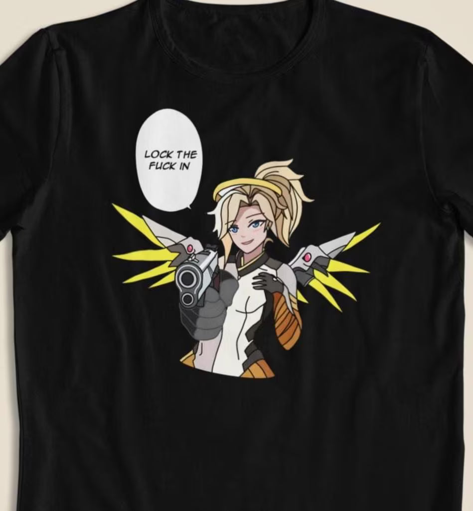 Mercy Overwatch: CUSTOM text / 'Lock the fuck in' Funny T-Shirt / Hoodie / Sweater | Gaming Streetwear