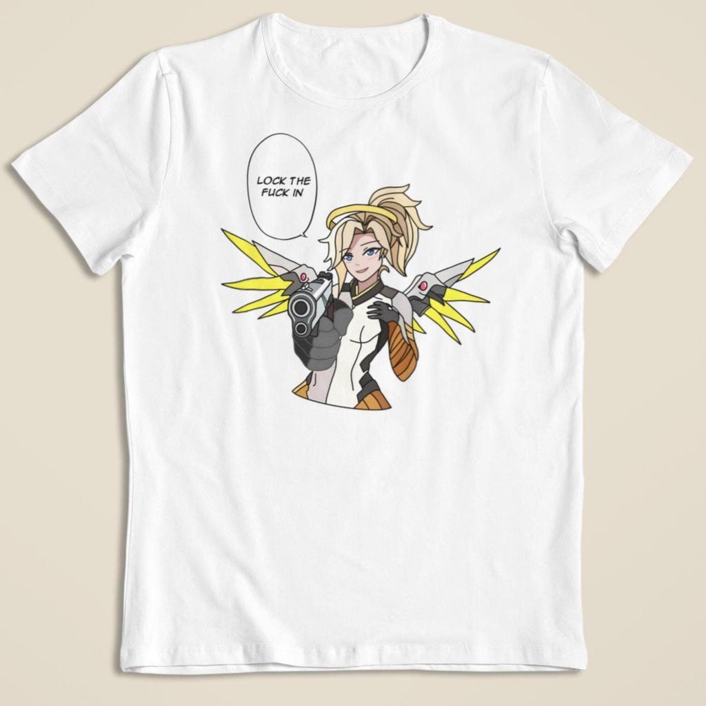 Mercy Overwatch: CUSTOM text / 'Lock the fuck in' Funny T-Shirt / Hoodie / Sweater | Gaming Streetwear